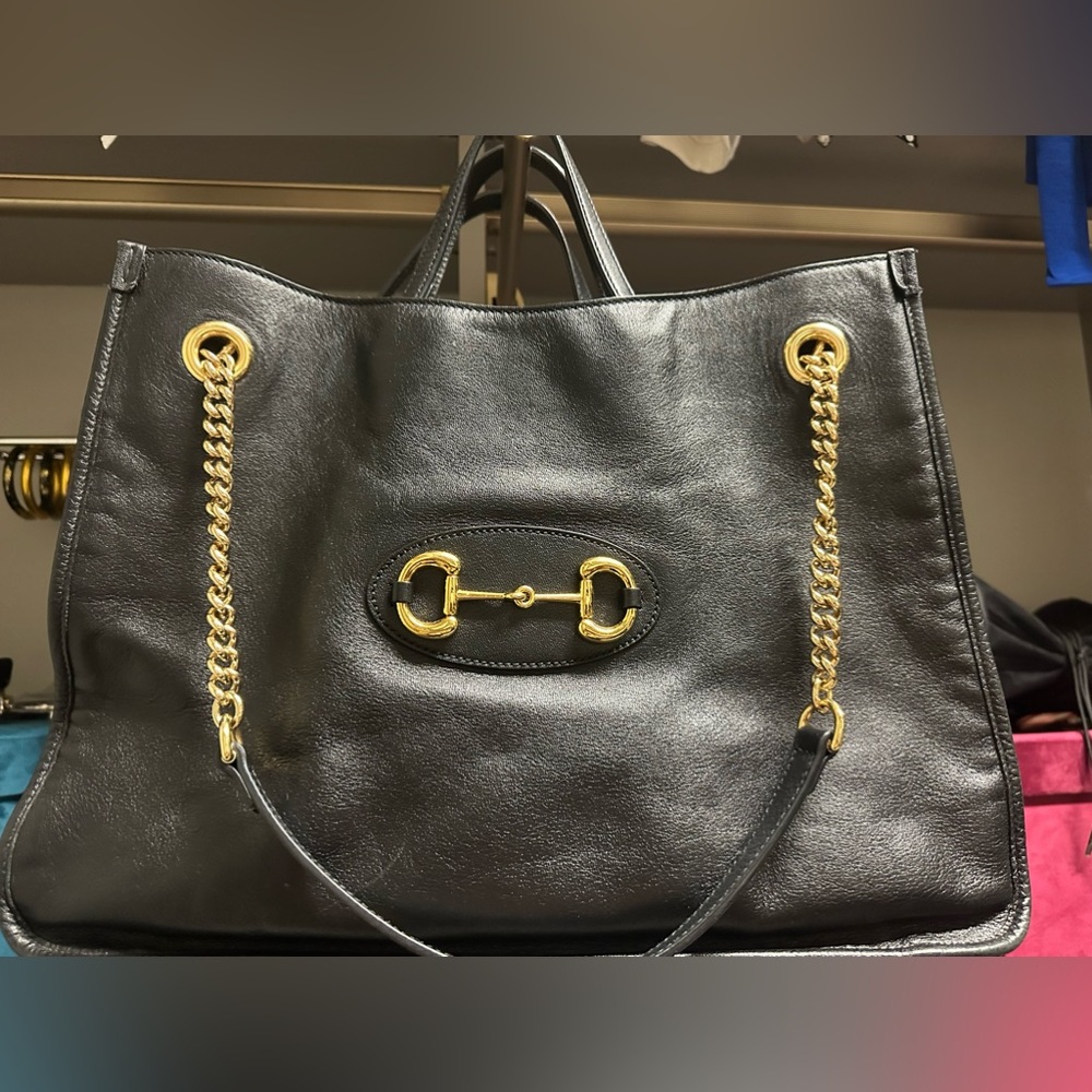 Gucci Black Leather Hobo with Gold Chain